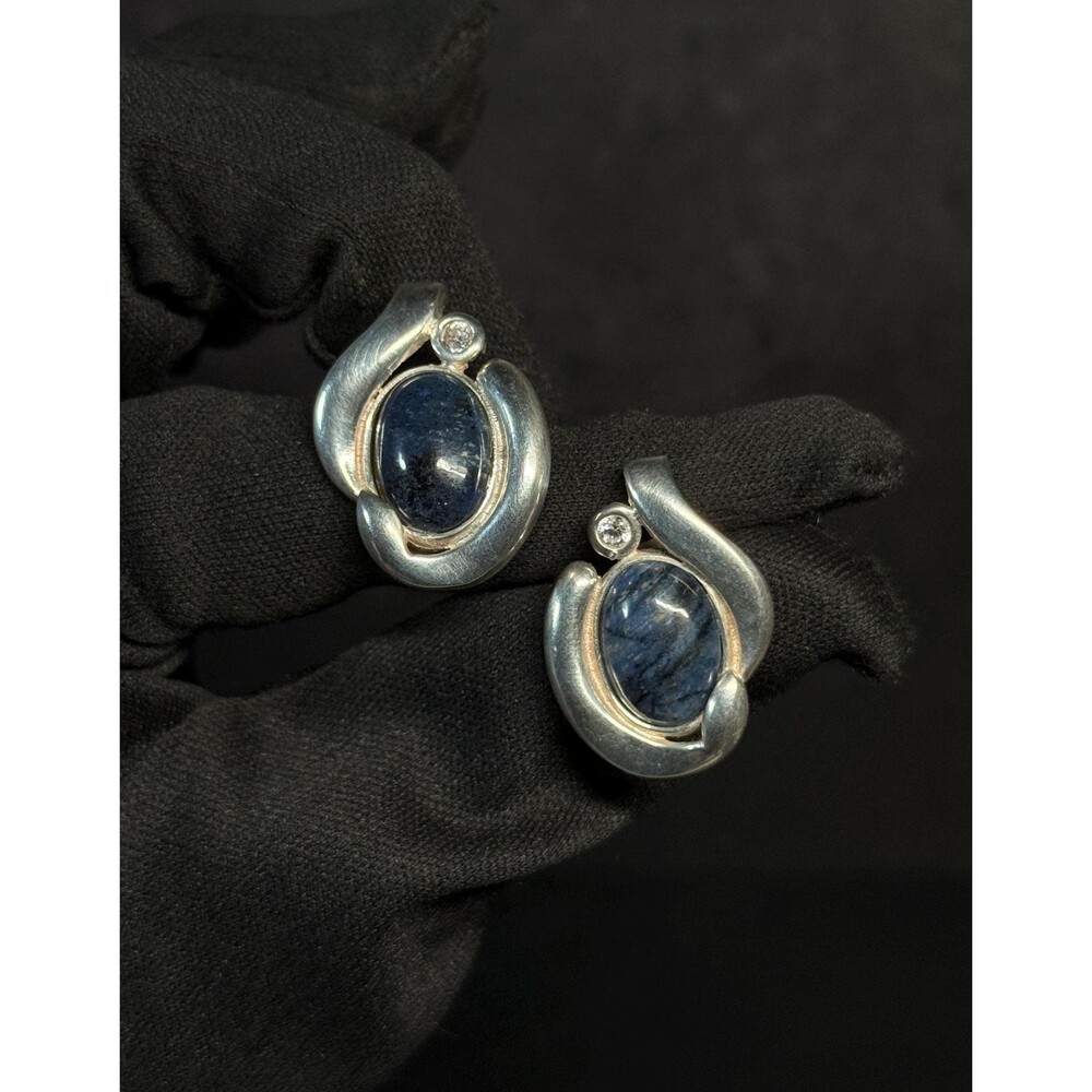 Sterling Silver Blue Larvikite Clip On Earrings Vintage